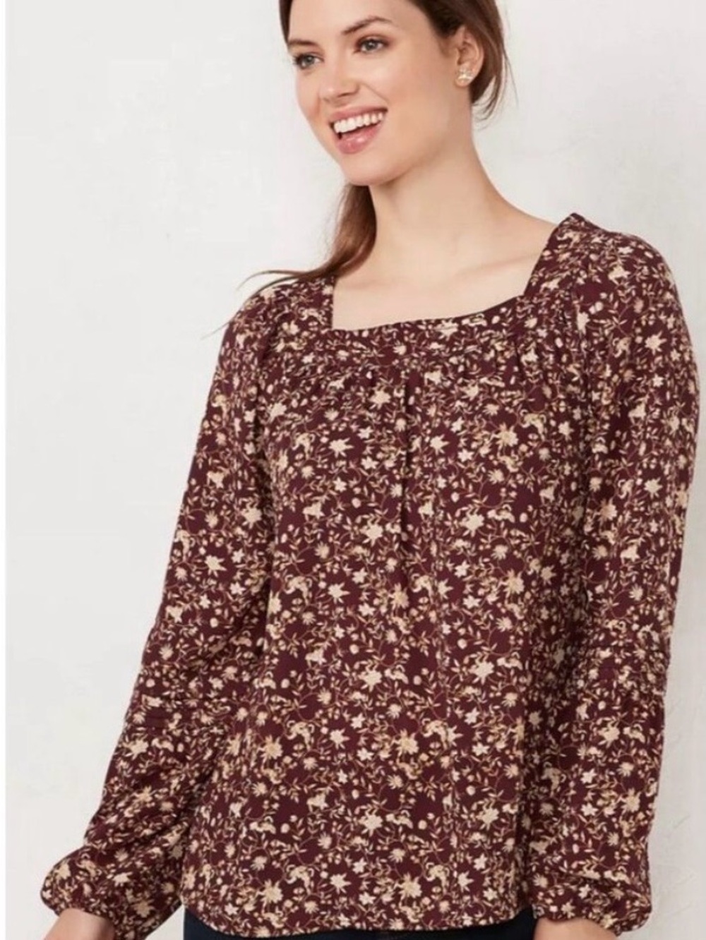 LC LAUREN CONRAD Burgundy Cream Floral Square Neck Boho Peasant Top Size S